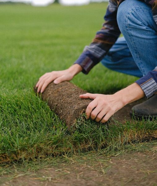 Side view of male worker laying sod grass onto ground for new garden lawn while working in countryside on blurred background